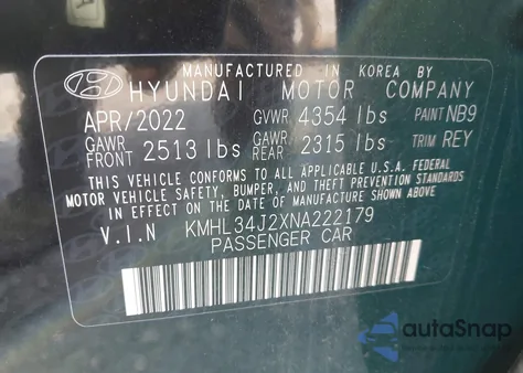 2022 Hyundai Sonata Limited from USA, damaged, VIN KMHL34J2XNA222179